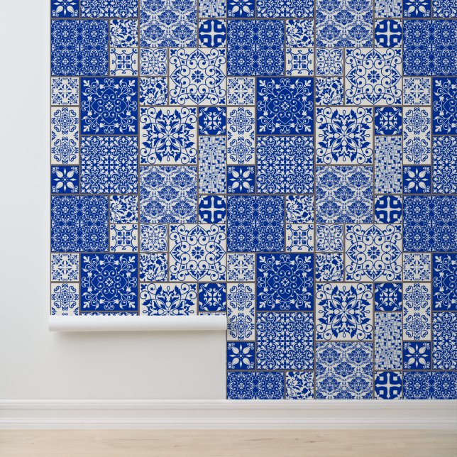 Papier Peint Bleu Méditerranéen & Blanc Azulejo Majolica Carrea (Application)