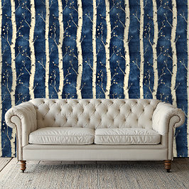 Papier peint bleu Motif Birch Tree blanc
