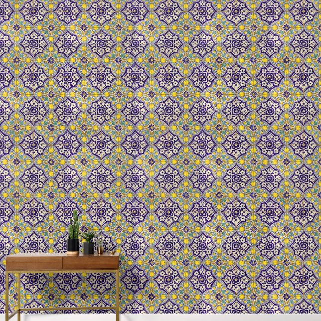 Papier Peint Bleu Motif Fleurs jaunes (Couloir)
