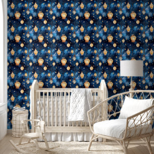 Papier Peint Bleu nuit lampes orange