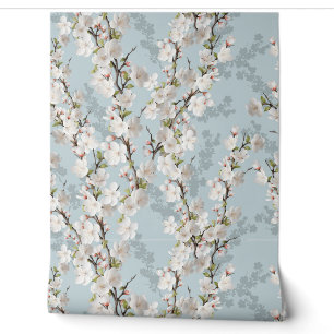 Papier peint bleu pastel couleur cerise en fleur