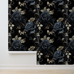 Papier Peint Bleu romantique et noir Floral gothique
