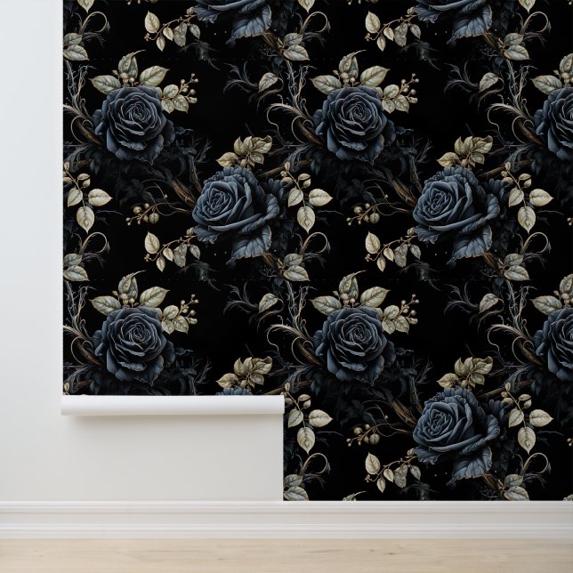 Papier Peint Bleu romantique et noir Floral gothique (Application)