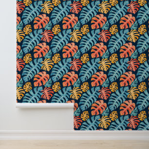Papier Peint Bleu rose Jaune Palme Tropicale d'été Feuille