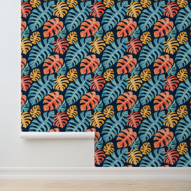Papier Peint Bleu rose Jaune Palme Tropicale d'été Feuille (Application)