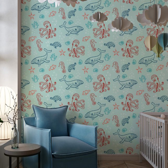 Papier Peint Bleu rouge sous la mer Motif Nursery (Créateur téléchargé)