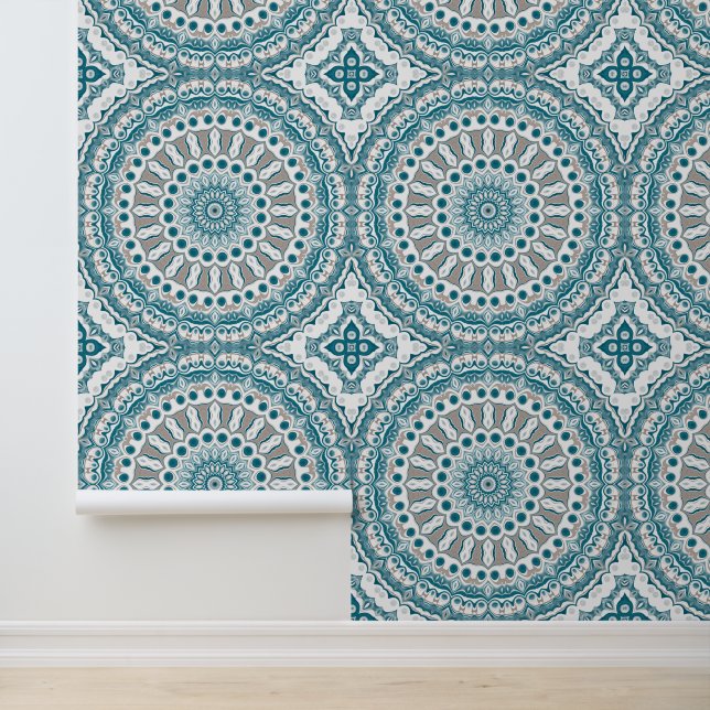 Papier Peint Blue and Taupe Mandala Pattern Design (Application)