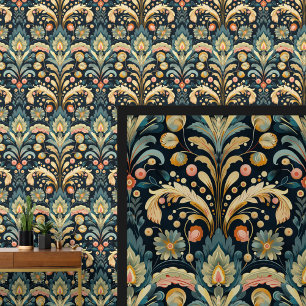 Papier Peint Blue Aqua rose jaune Art Nouveau