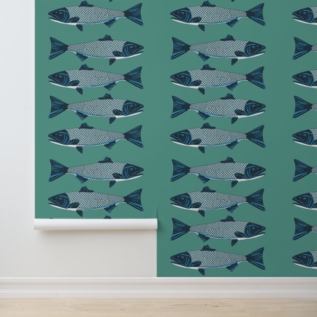 Papier Peint Blue Folk Art Trout/Saumon (Application)