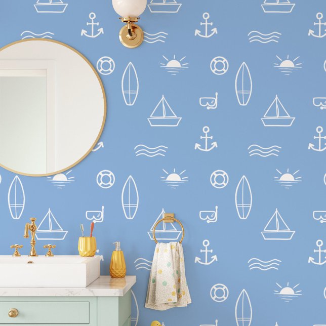 Papier Peint Blue Summer Ocean Line Art (In situ)
