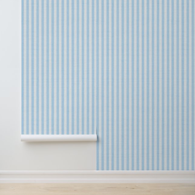 Papier Peint Blue Vertical Stripes Linen Look Coastal (Application)