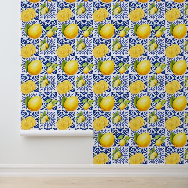 Papier Peint Blue White Lemon Pattern Mediterranean Citrus (Application)