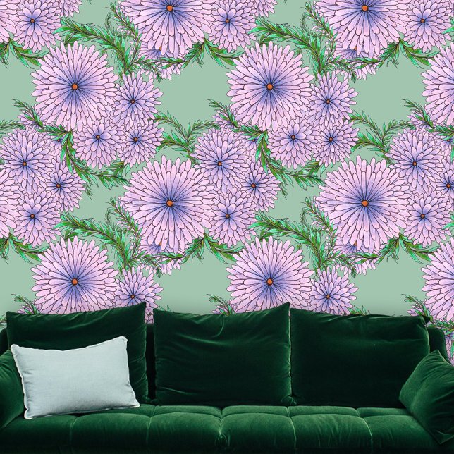 Papier Peint Bohème Chic Lavande Lilac Blossoms sur Mint (Créateur téléchargé)