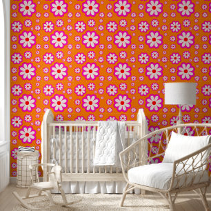 Papier Peint Bohème Motif de marguerite rose et orange rétro Fl