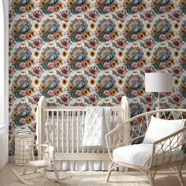 Papier Peint Bohemian Peacock & Sunflower Dream (Enfants)