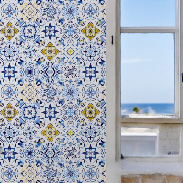 Papier Peint Boho Blue Jaune Motif de style méditerranéen (Boho Blue Yellow Mediterranean Style Pattern Wallpaper)