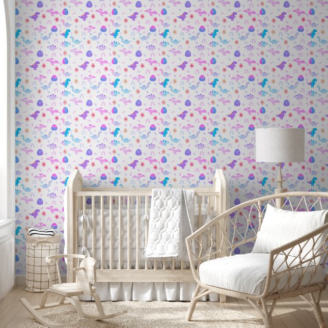 Papier Peint Boho Dinosaures rose pourpre bleu Nursery (Enfants)
