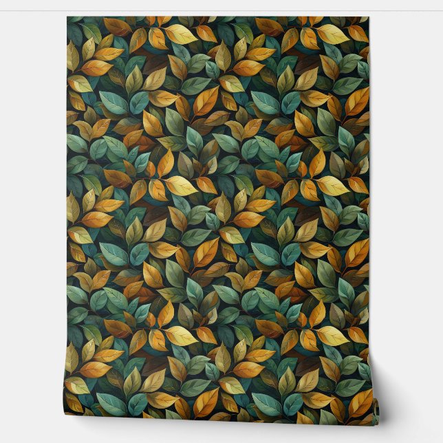 Papier Peint Boho Elegant automne feuilles vert orange jaune (Déroulement)