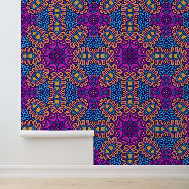 Papier Peint Boho Festival Mandala violet et rose (Application)