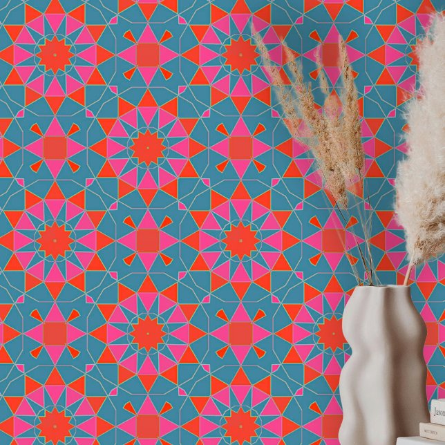 Papier Peint Boho Marocain Géométrique Turquoise Rose Bleu (Créateur téléchargé)