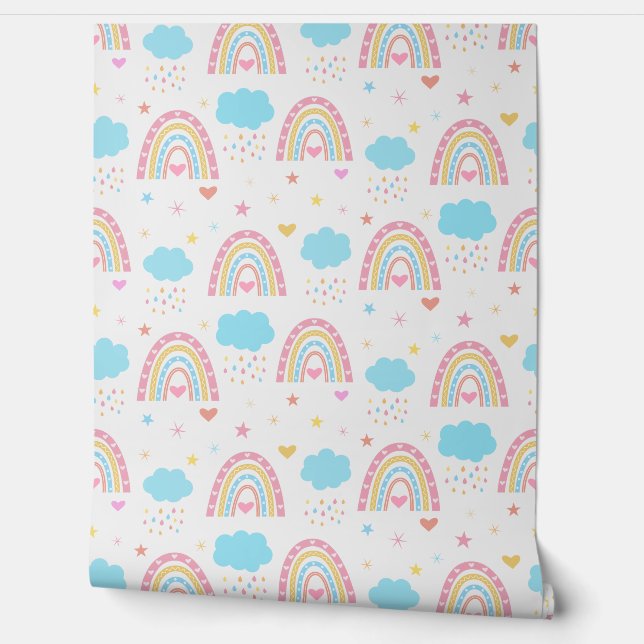 Papier Peint Boho rainbow pattern with clouds pastel Nursery  (Déroulement)