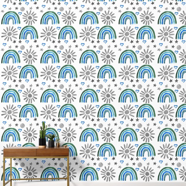 Papier Peint Boho Rainbow Sun Blue Baby Boy Kids (Couloir)