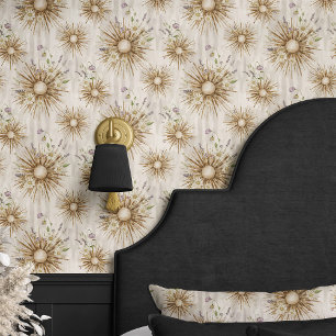 Papier Peint Boho Sunburst et floral beige lavande