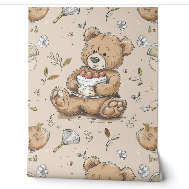 Papier Peint Boho Teddy Bear Motif Baby Nursery Room (Déroulement)