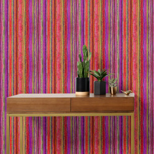 Papier Peint Boho Vintage Rouge Violet Rayures -