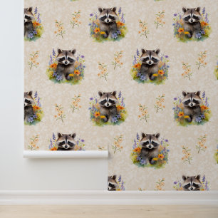 Papier Peint Bois Animaux Baby Raccoon Fleurs sauvages Crème
