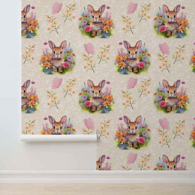 Papier Peint Bois Animaux Bébé Lapin Crème Florale (Application)