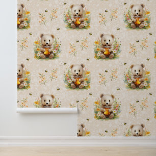 Papier Peint Bois Animaux Bébé Ours Fleurs sauvages Miel Abeill