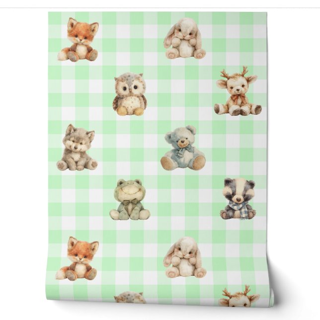 Papier Peint Bois Animaux Jouets Green Plaid Baby Nursery (Déroulement)