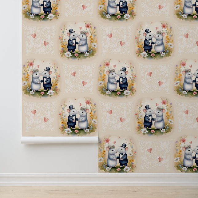 Papier Peint Bois Animaux Mariages Aimer souris florale (Application)