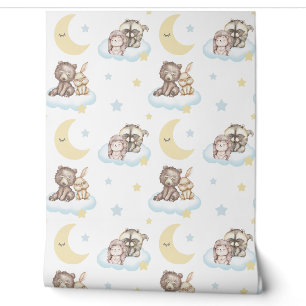 Papier Peint Bois Animaux Nuages Étoiles Lune Baby Nursery