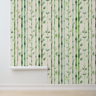 Papier Peint Bois de bambou Vert Feuilles Aquarelle amovible