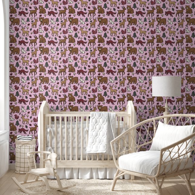 Papier Peint Bois Forêt Doodle Animaux rose (Enfants)