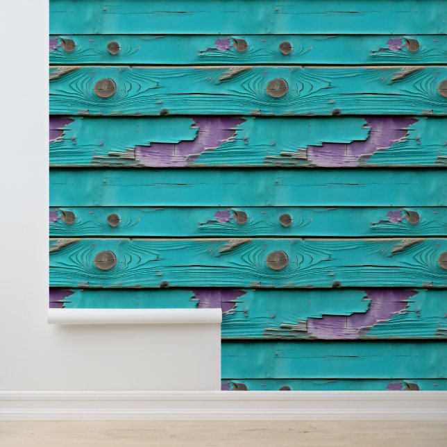 Papier Peint Bois Patiné violet et bleu turquoise (Application)
