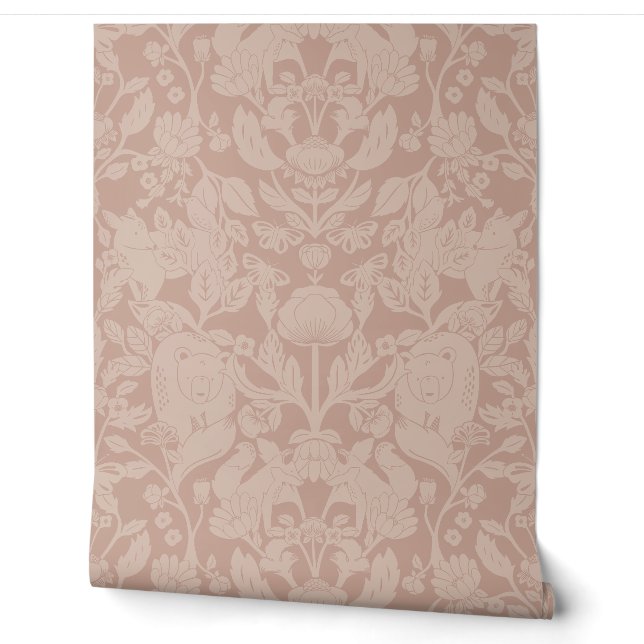 Papier Peint Bois rose poussiéreux Bloc Imprimer Damas (Déroulement)