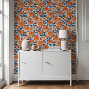 Papier Peint Botanique Orange Bleu Lily Motif Floral