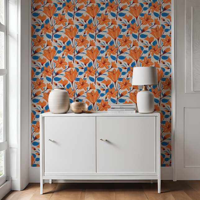 Papier Peint Botanique Orange Bleu Lily Motif Floral (Créateur téléchargé)