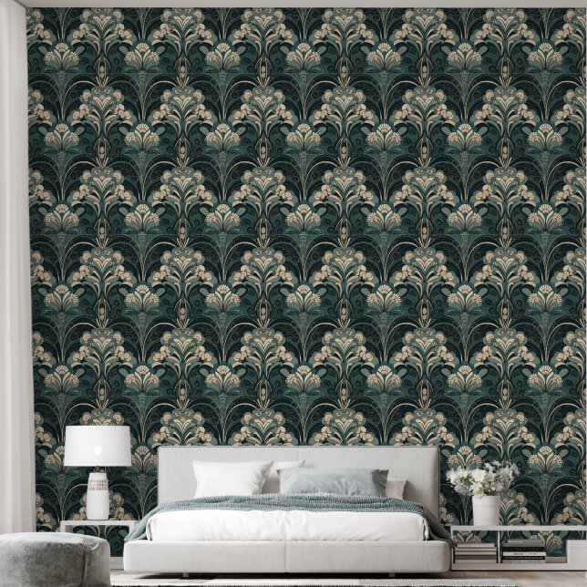 Papier Peint Botanique Vert Art Déco (Chambre à coucher)