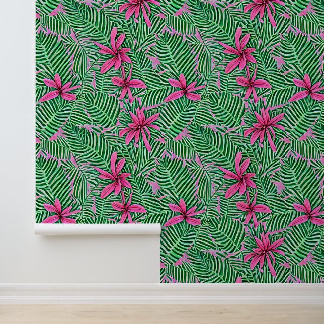 Papier Peint Botanique vert rose vert tropical Hawaï chic (Application)