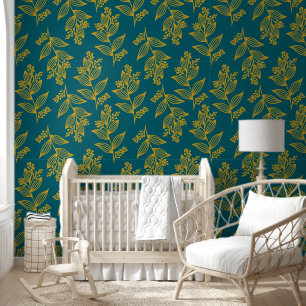 Papier Peint Brown or Fleur Botanique foncé Turquoise Floral