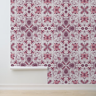 Papier Peint Buissons, magenta foncé et rose sur blanc