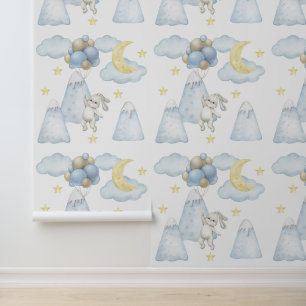 Papier Peint Bunny Balloons Mountains Moon Star Cloud Baby Boy