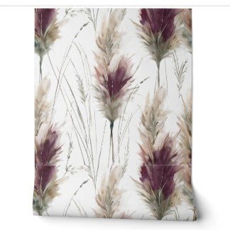 Papier Peint Burgundy Watercolor Fluffy Grasses 