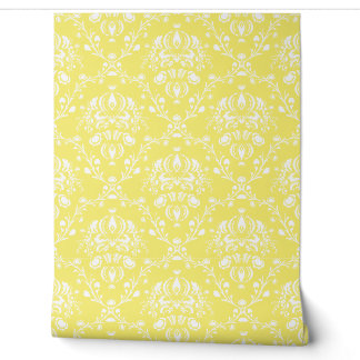 Papier Peint Butter Yellow and White Damask