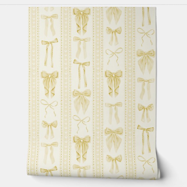 Papier Peint Butter Yellow Bows and Lace Vertical Stripes (Déroulement)