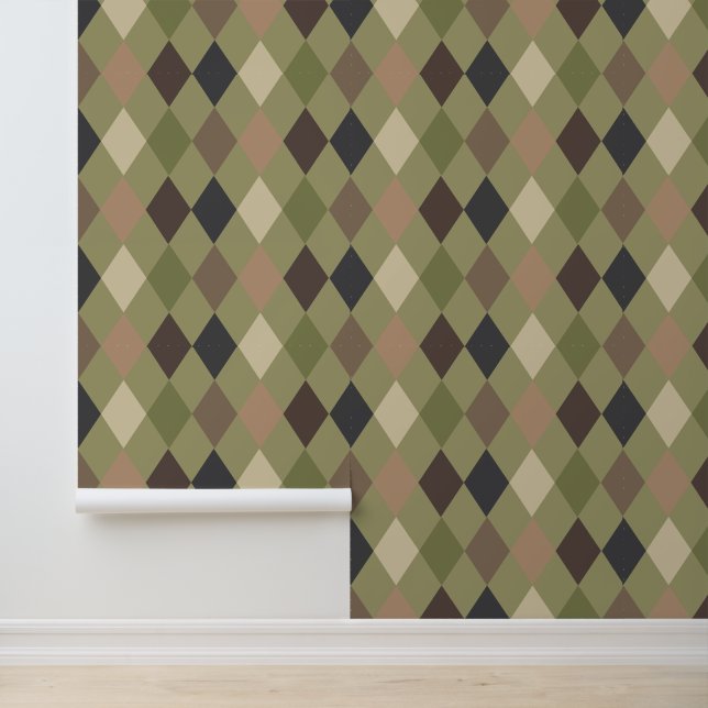 Papier Peint Camouflage moderne Motif vert et diamant Brown (Application)